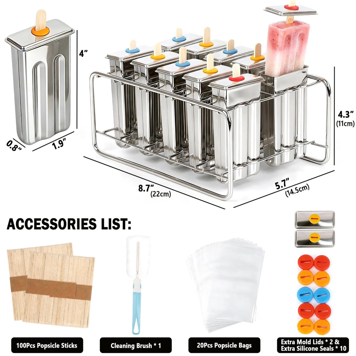 Popsicle Molds Set 10 Pieces Stainless Steel 10.1in x 4.7in x 6.7in, Silver