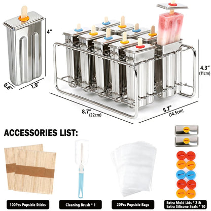 Popsicle Molds Set 10 Pieces Stainless Steel 10.1in x 4.7in x 6.7in, Silver