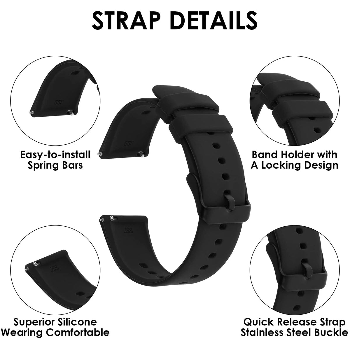 TIESOME 20mm Silicone Watch Bands, Quick Release Waterproof Soft 20mm, Black