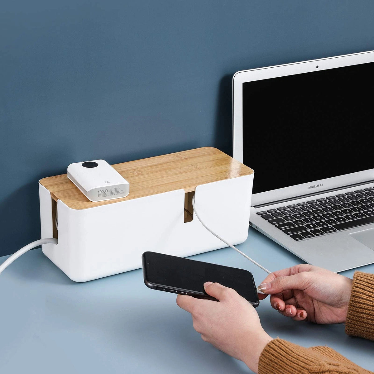 Changsuo Small Cable Management Box with Bamboo Lid for small, White