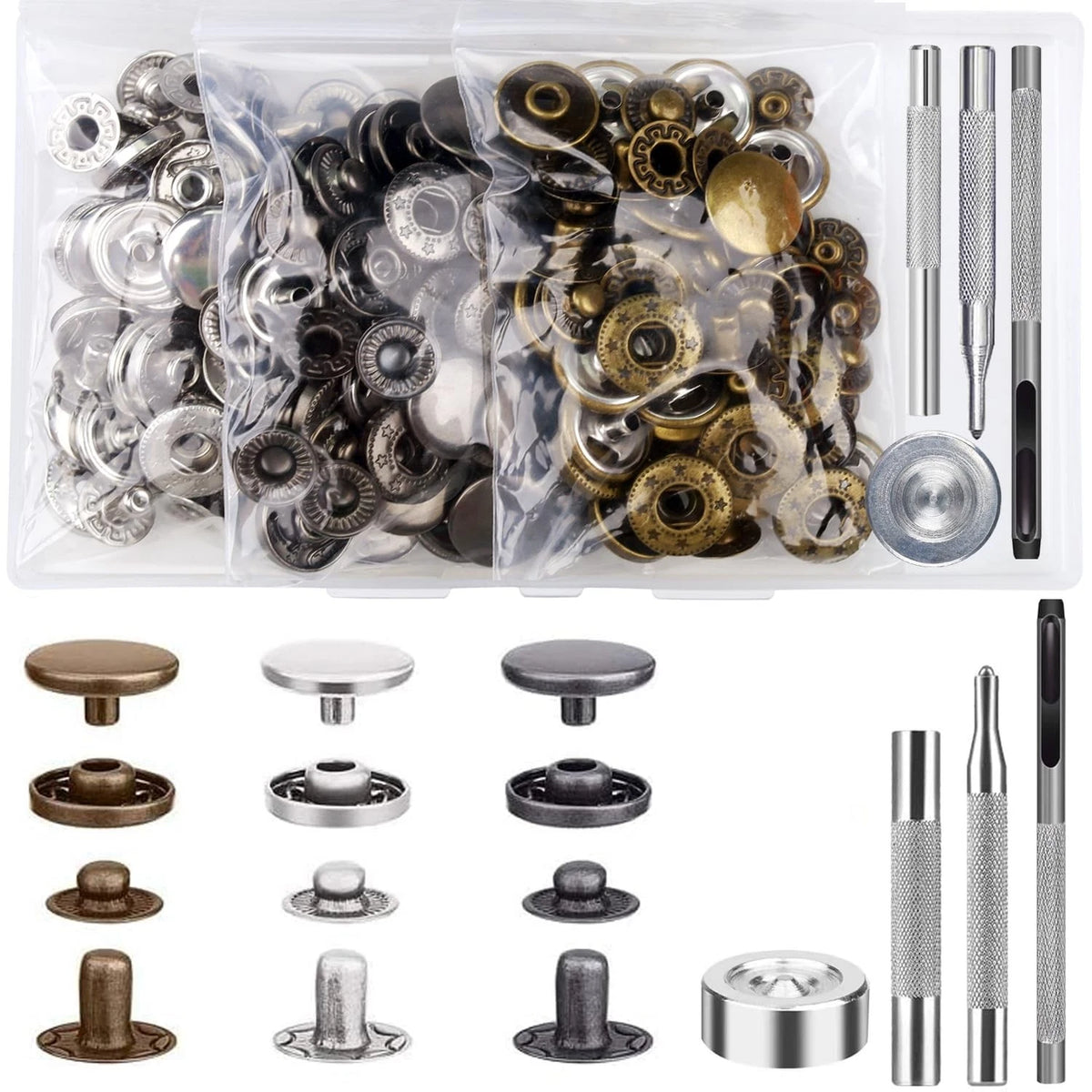 45 Set Leather Snap Fasteners Kit, 15mm Stainless Silver, Bronze, Jet Black