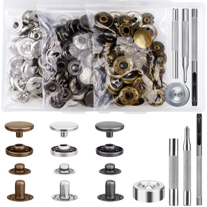 45 Set Leather Snap Fasteners Kit, 15mm Stainless Silver, Bronze, Jet Black