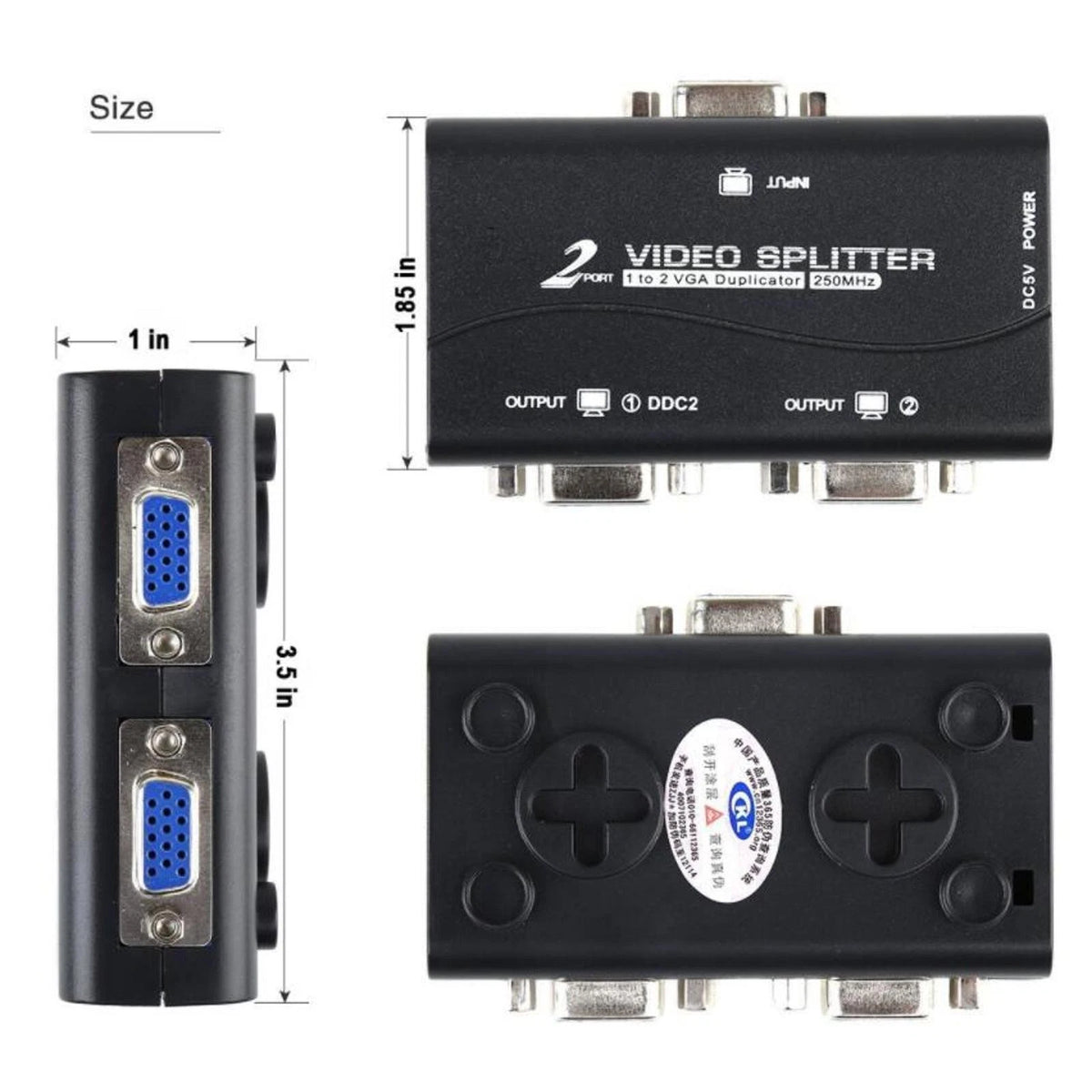 1 PC to 2 Monitor 2 Port VGA SVGA Video LCD Splitter Box Adapter w/ Power Cable