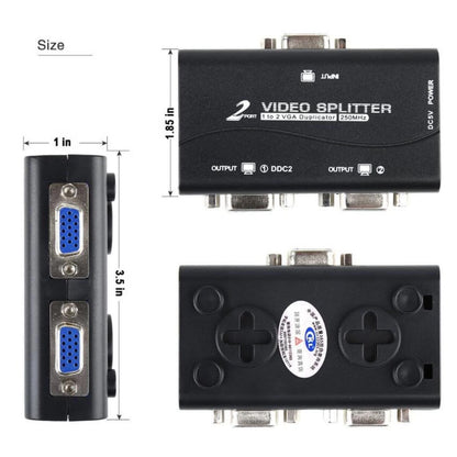 1 PC to 2 Monitor 2 Port VGA SVGA Video LCD Splitter Box Adapter w/ Power Cable