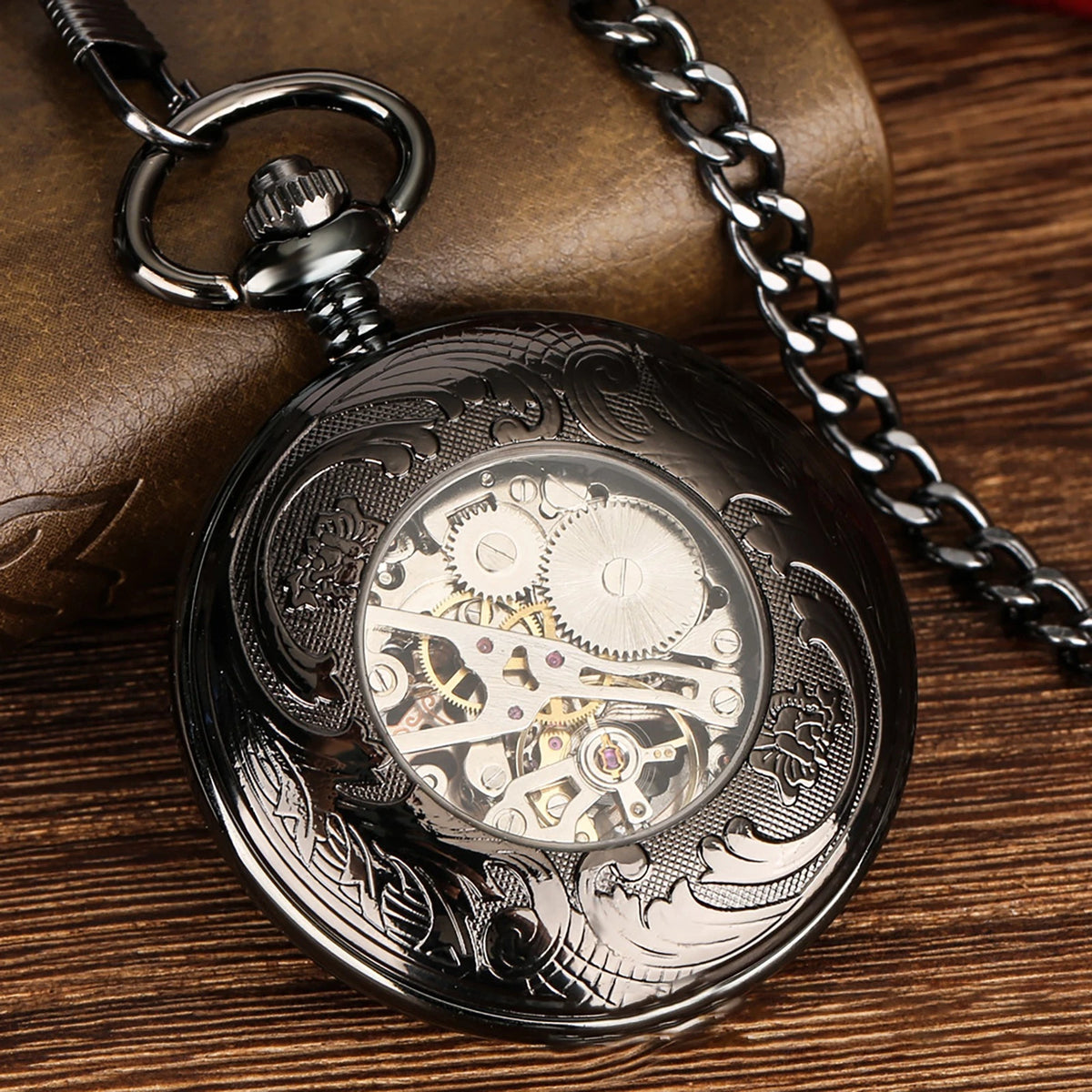 Mens Skeleton Mechanical Pocket Watch Hollow half Hunter Pocket Watch with Chain