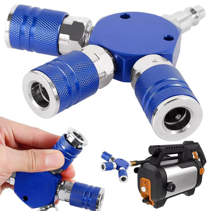 1* 3 Way Quick Connect Air Manifold Air Hose Splitter Durable 1/4" Air Tool Blue