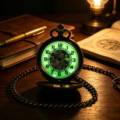 Classic Mechanical Black Steampunk Skeleton Pocket Watch with Chain For Men