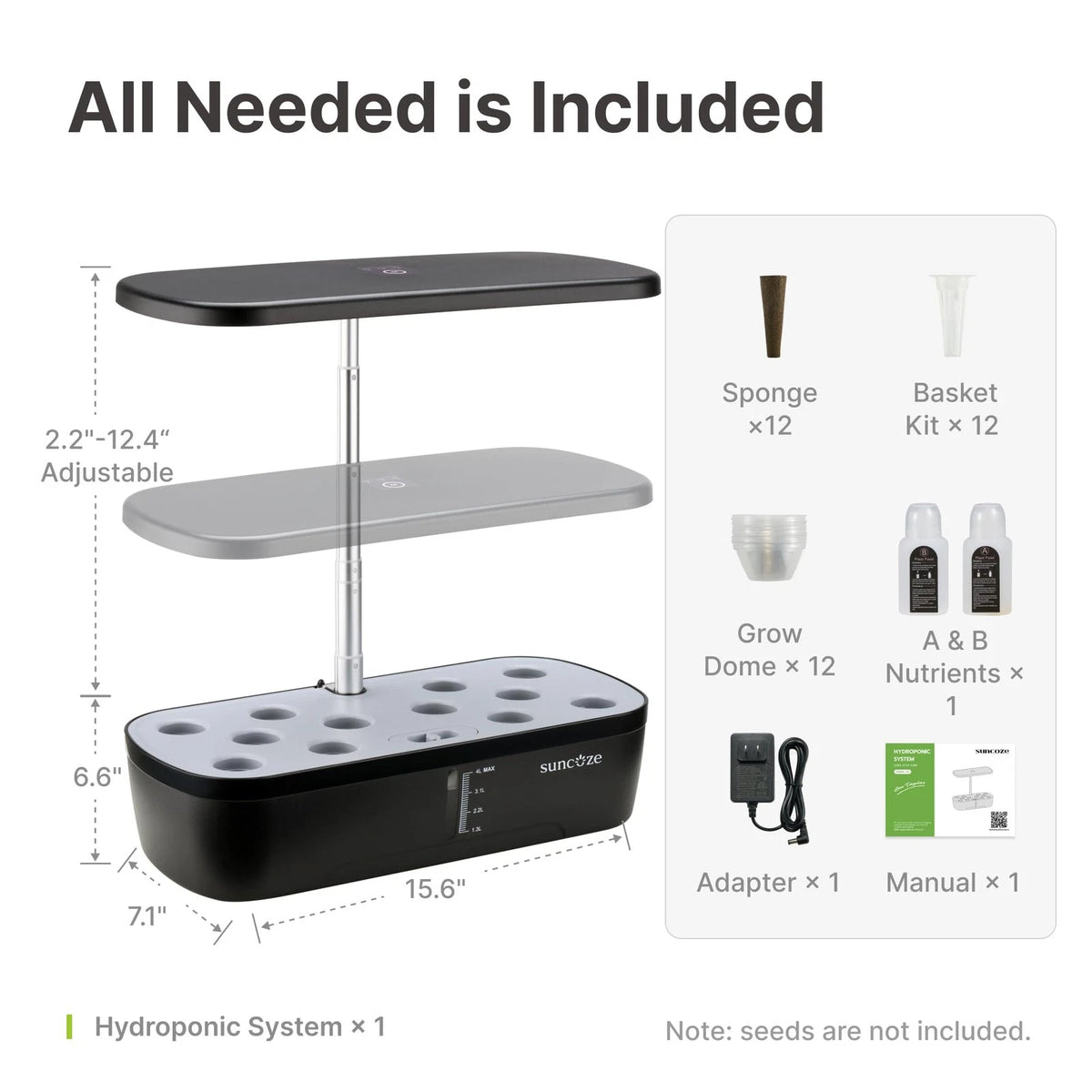 SUNCOZE Hydroponics Growing System, 12 Pods, 12.4 in Adjustable Medium, Black