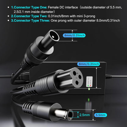 42V 2A Charger 3 Plugs(8mm 3-Prong, 5.5mm DC 2 Plugs for 36V Lithium
