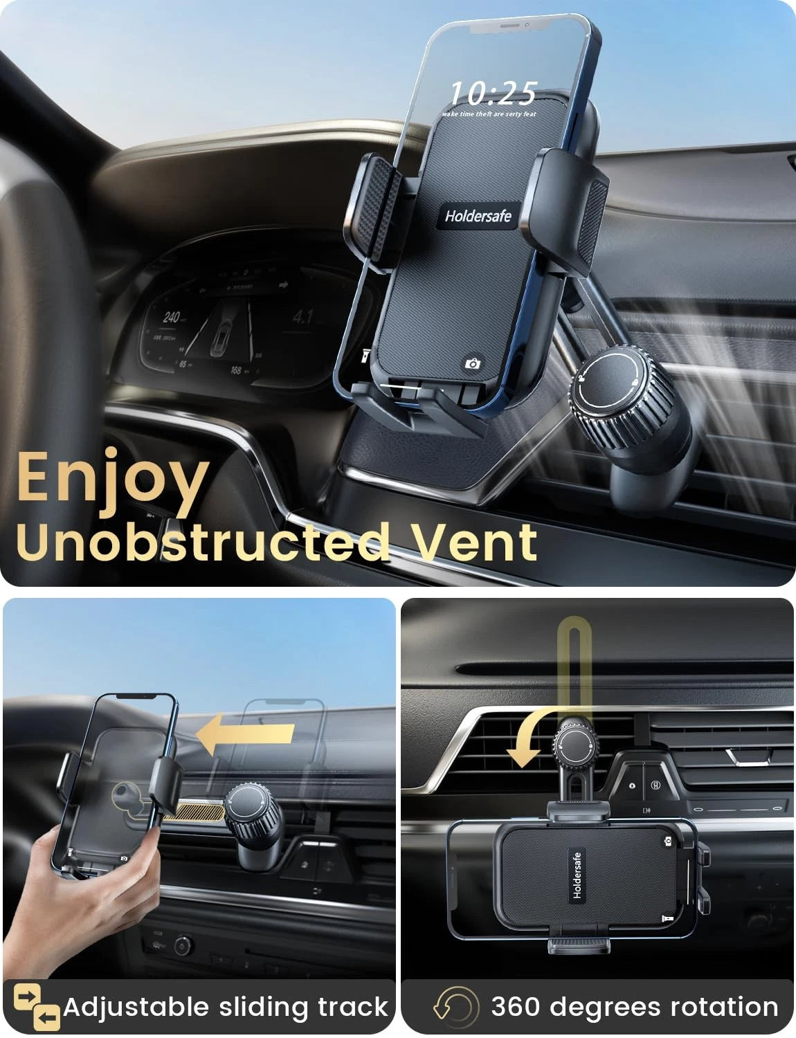Holdersafe Phone Holders for Your Car: [Never Blocking] Air Vent Cell Black