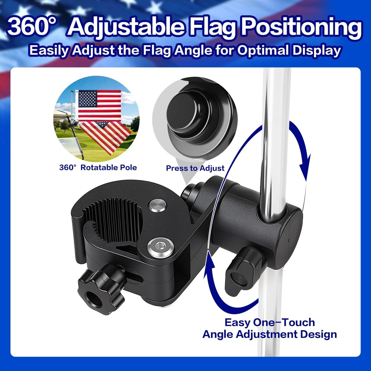 Golf Cart Flag Holder and Pole Kit, Adjustable 12" x 18", Black-1 Pack