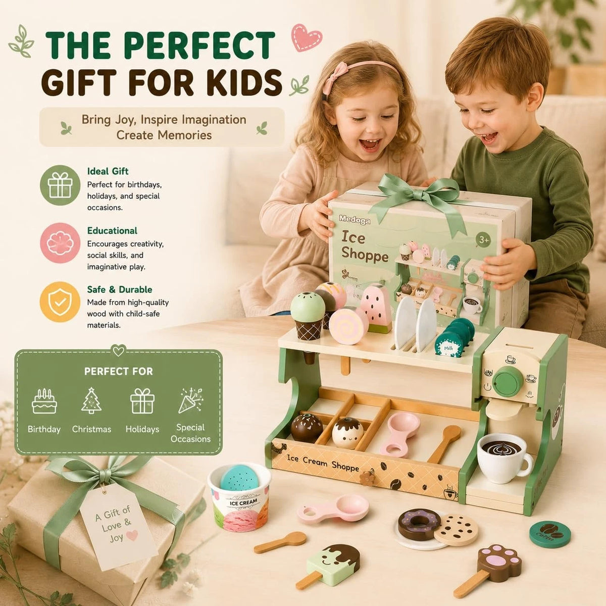 Wooden Ice Cream Shop & Kids Coffee Maker Playset - child-size, Pastel Green