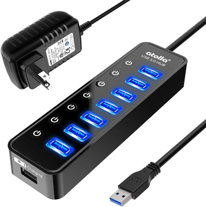 Powered USB Hub 3.0, Atolla 7-Port Data Splitter with One Smart black