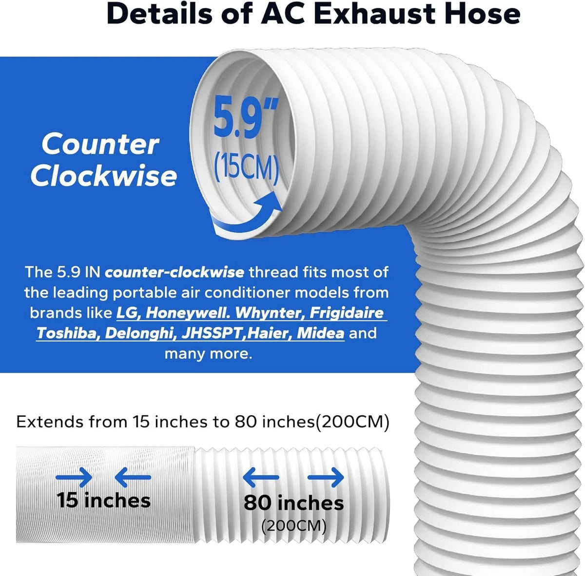 Portable Air Conditioner Hose 5.9"D Anti-Clockwise AC Hose&Adapter, White