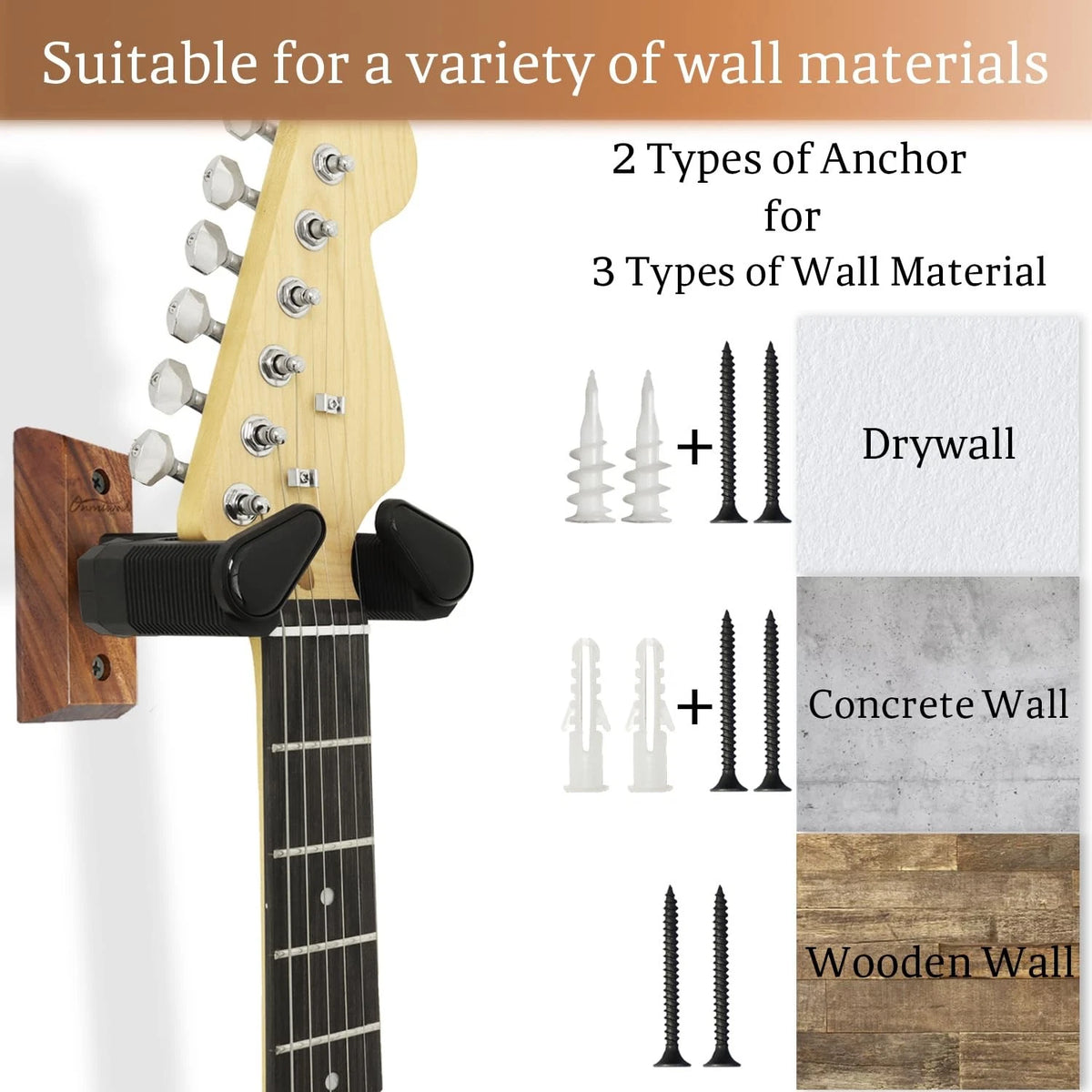 Guitar Wall Mount 2 Pack, Auto Lock Black Walnut Wood, Wood