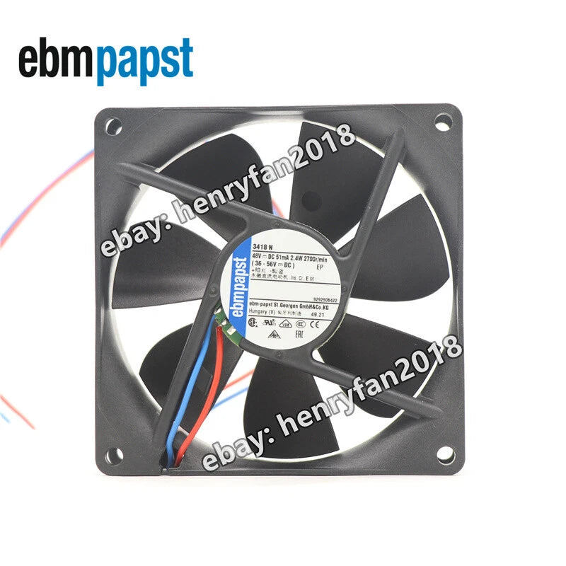 Ebmpapst 3418N Axial Fan DC 48V 51mA 2.4W 90*90*25MM 2-wire 82m3/h Cooling Fan