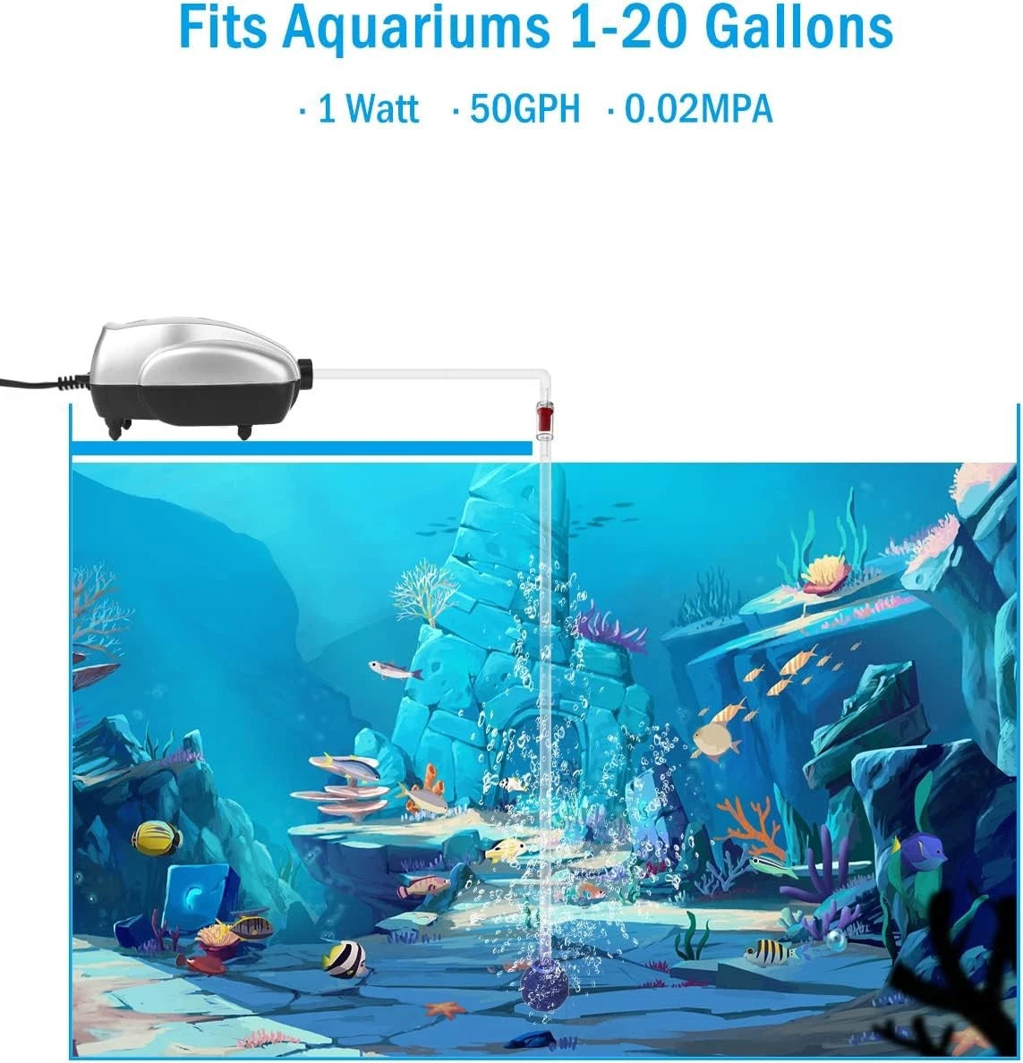 AquaMiracle Aquarium Air Pump Fish Tank Bubbler Aerator, All-in-One Grey