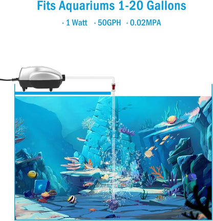 AquaMiracle Aquarium Air Pump Fish Tank Bubbler Aerator, All-in-One Grey