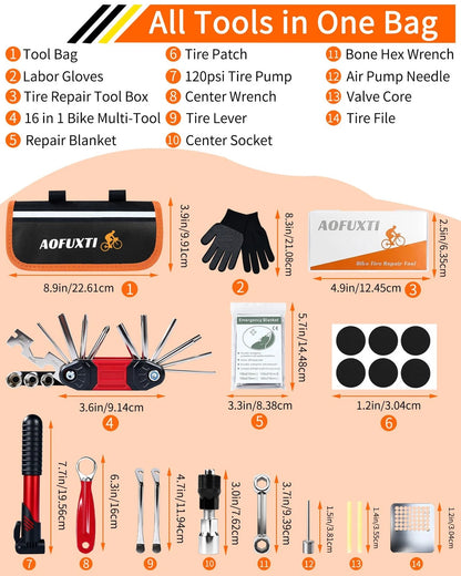 AOFUXTI 14-Piece Bike Repair Kit with Tire Pump, Portable and Large, Black
