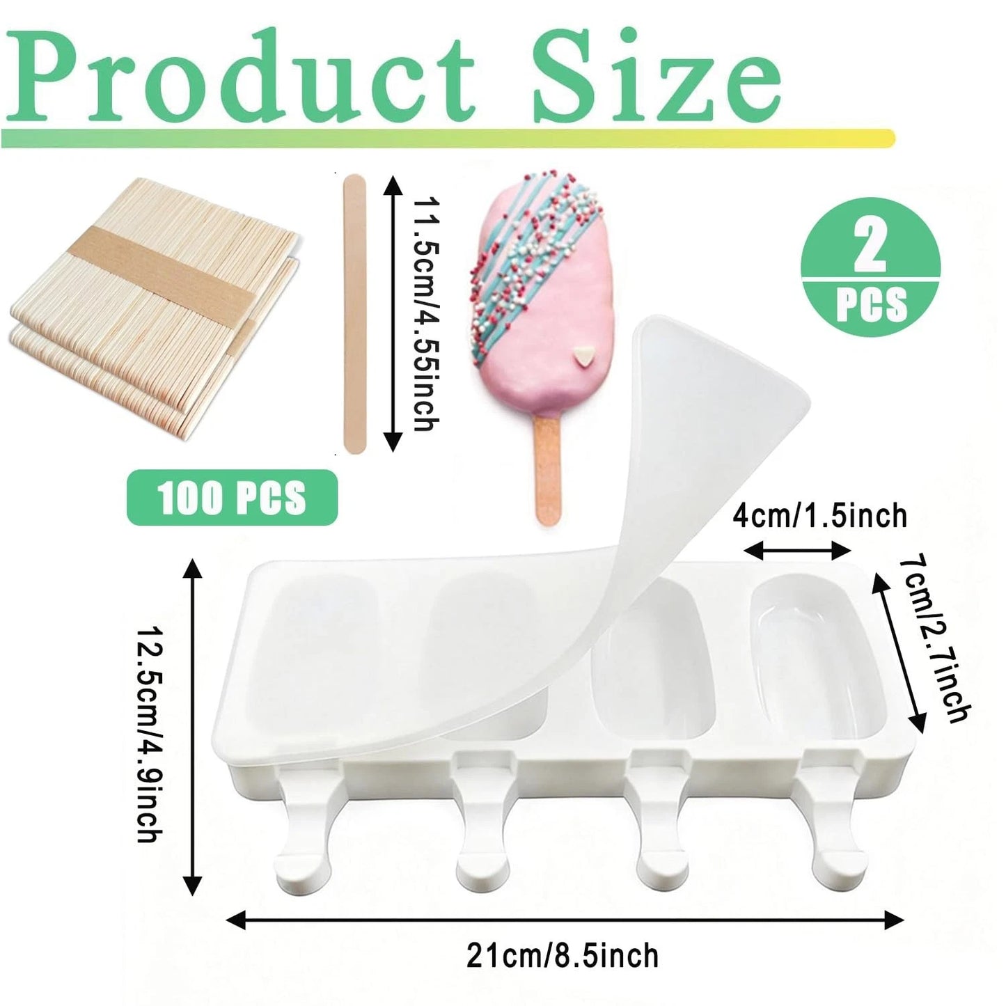 2 Pack Silicone Popsicle Molds，Oval 4 Cavities Homemade Ice Pop Small, White