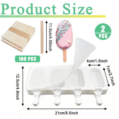 2 Pack Silicone Popsicle Molds，Oval 4 Cavities Homemade Ice Pop Small, White