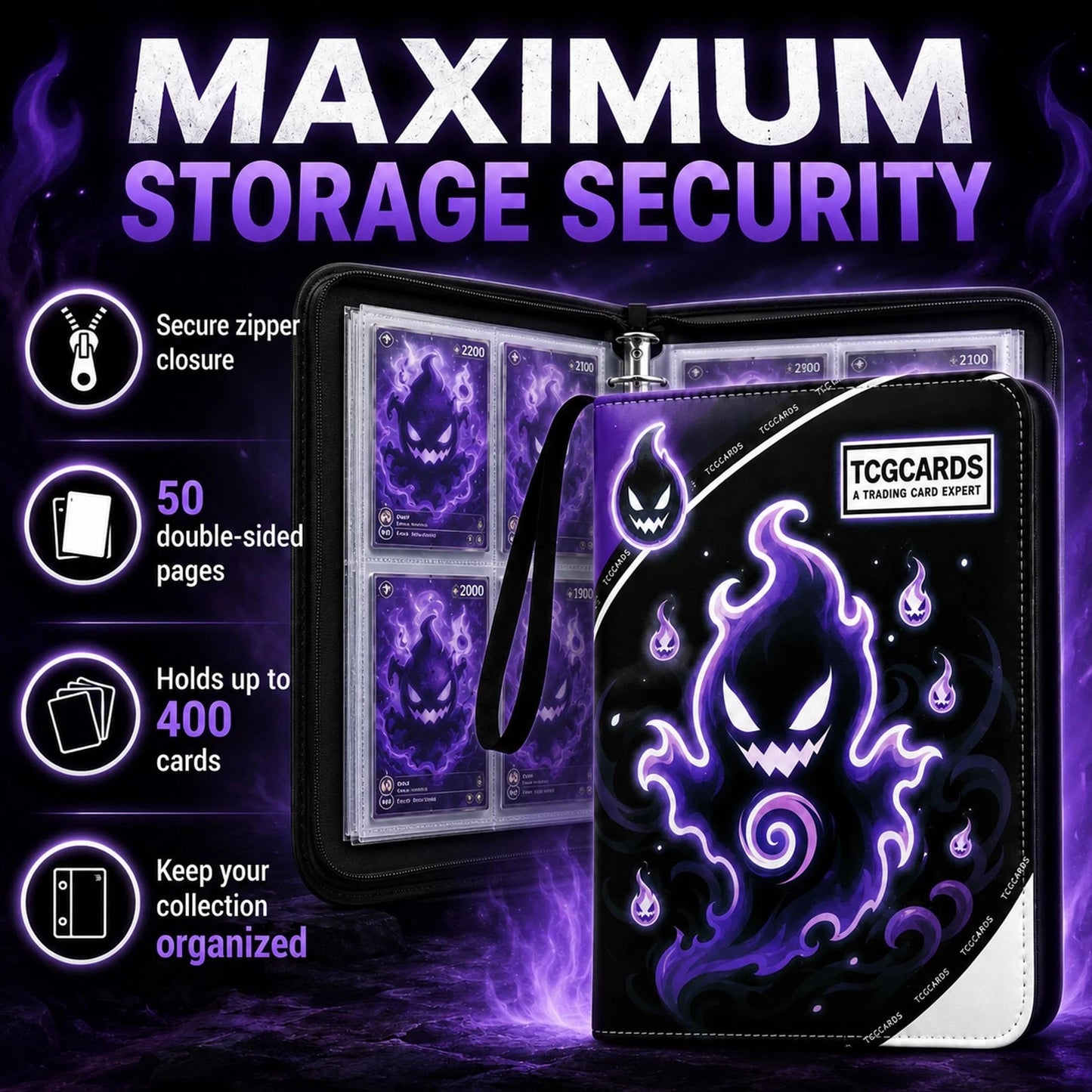 HBK 400 Pockets TCG Card Binder, PU Leather Holder 400 Pockets, GHOST