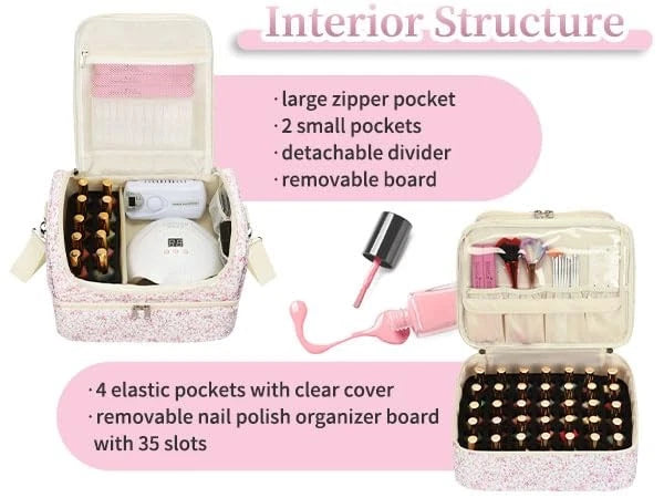 Nail Polish Organizer Bag - Organizers and 45 Slots, Pink Small Flower
