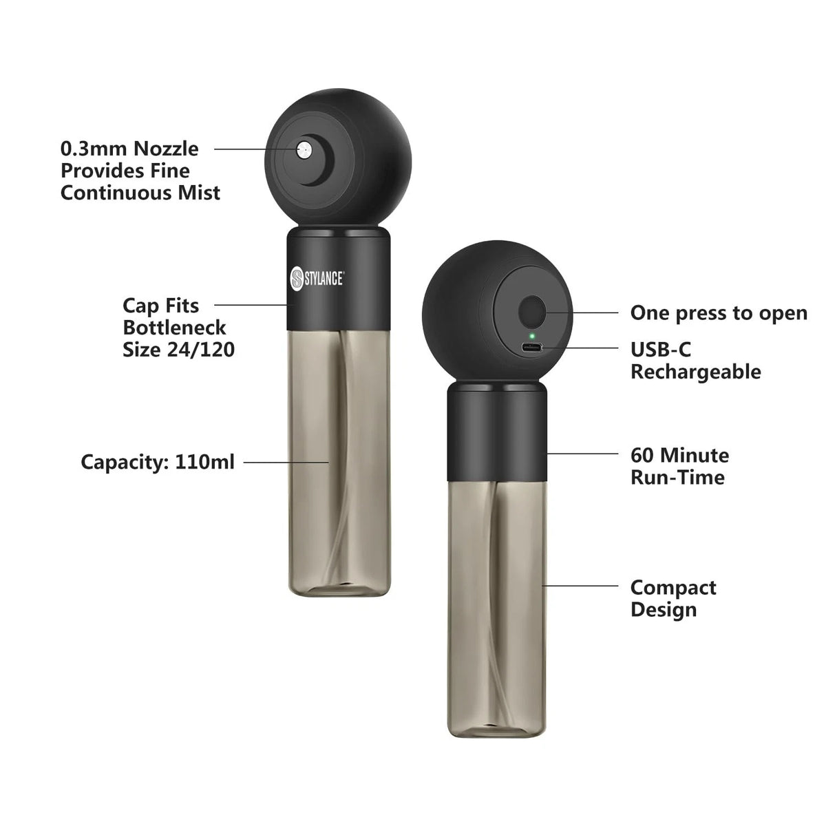 STYLANCE Cordless Mini Nano Mister, Handheld Portable Facial Black and Gray