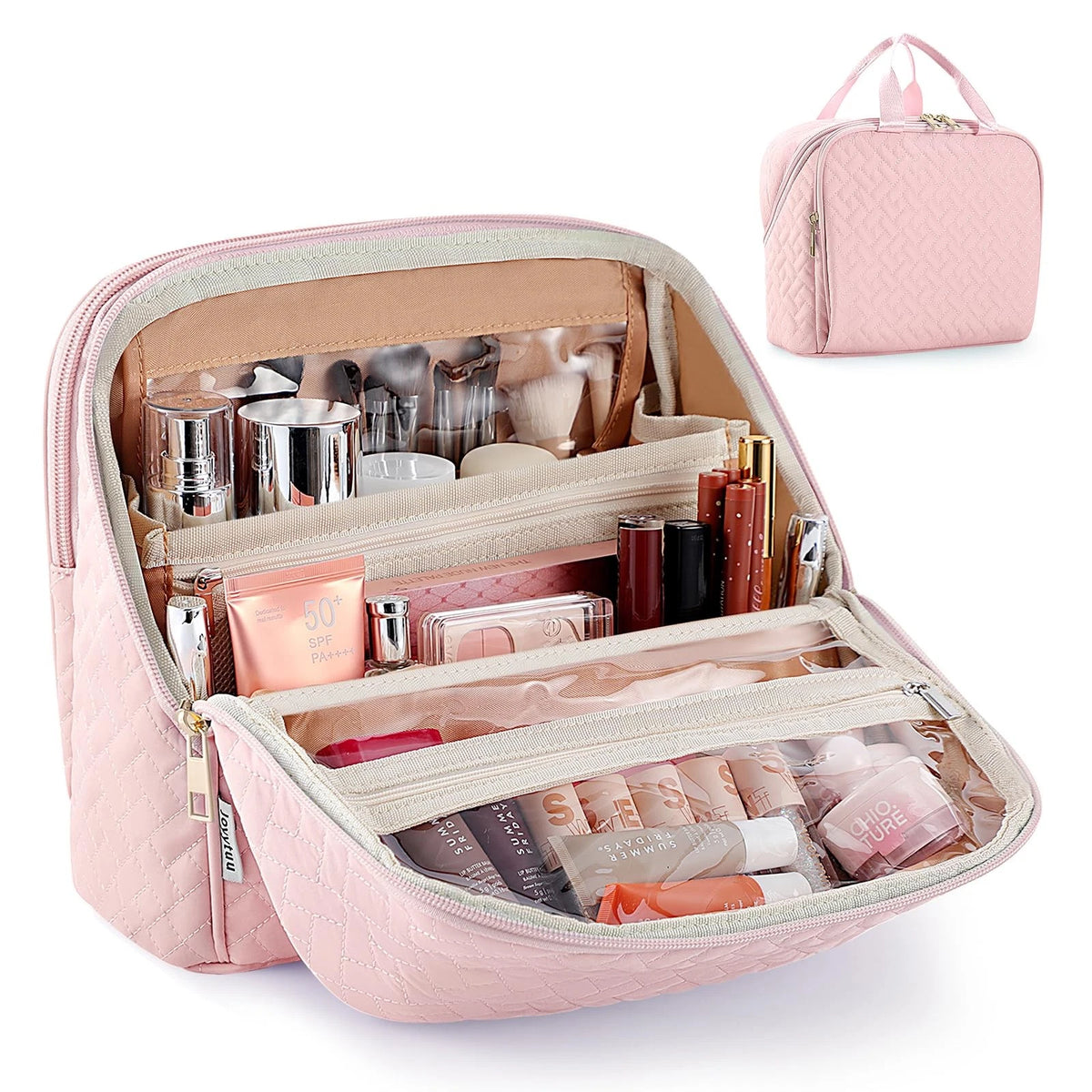 JOYYTUU Standing Makeup Bag, Large Capacity with Room for Brushes Light Pink