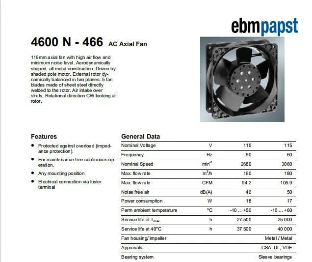 4600N-466 115VAC Ebmpapst Axial Fan 20W 230mA 120*120*38mm High temperature Fan
