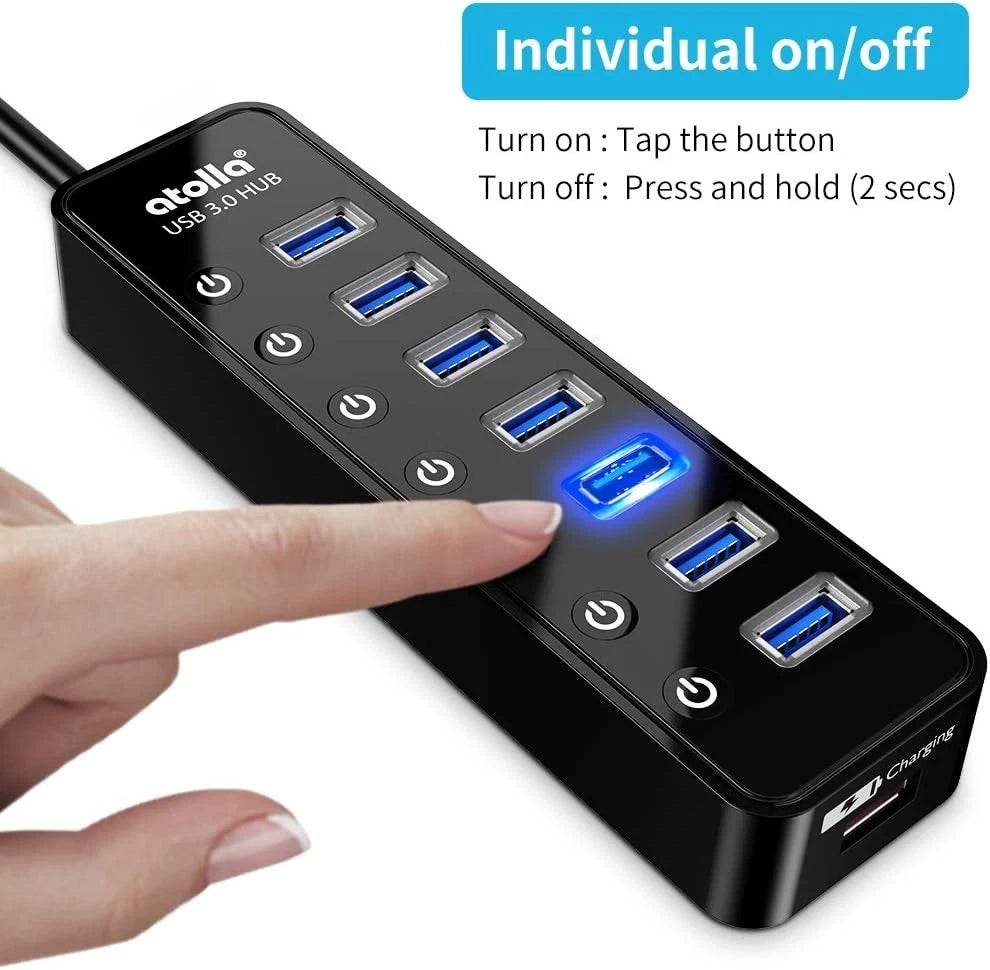 Powered USB Hub 3.0, Atolla 7-Port Data Splitter with One Smart black