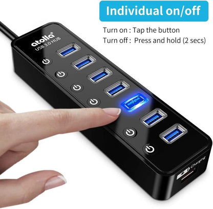 Powered USB Hub 3.0, Atolla 7-Port Data Splitter with One Smart black