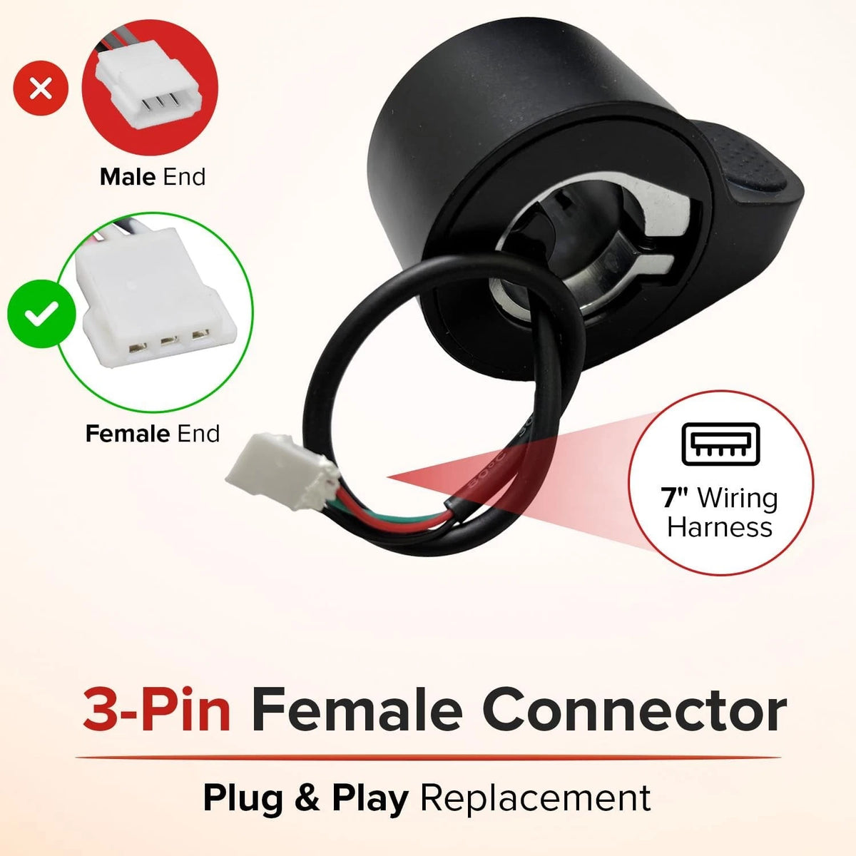 AlveyTech 3-Wire Thumb Throttle for GOTRAX Apex, Apex LE/XL/Pro, and Black