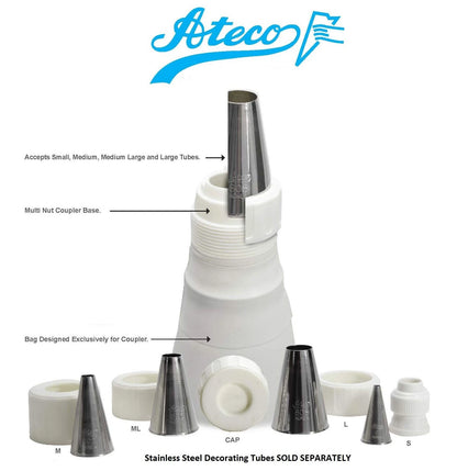 Ateco Universal Pastry Coupler and Cap Set | 7 Set, White