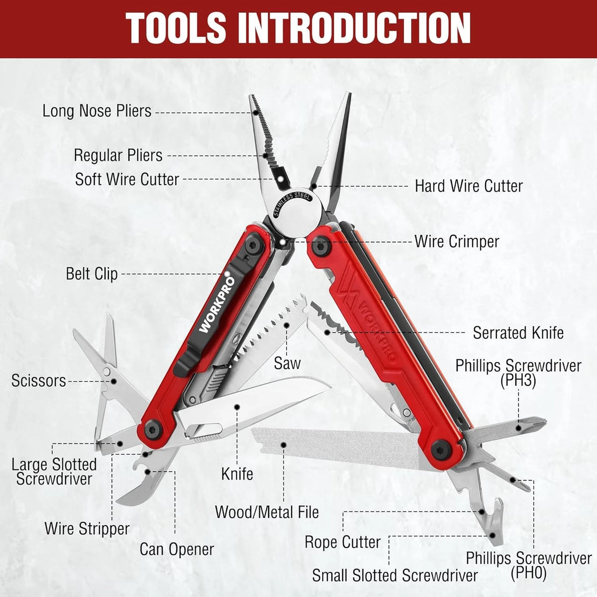WORKPRO 18-in-1 Multi Tool Pliers, Gifts for Dad, Stainless 18-in-1, Red