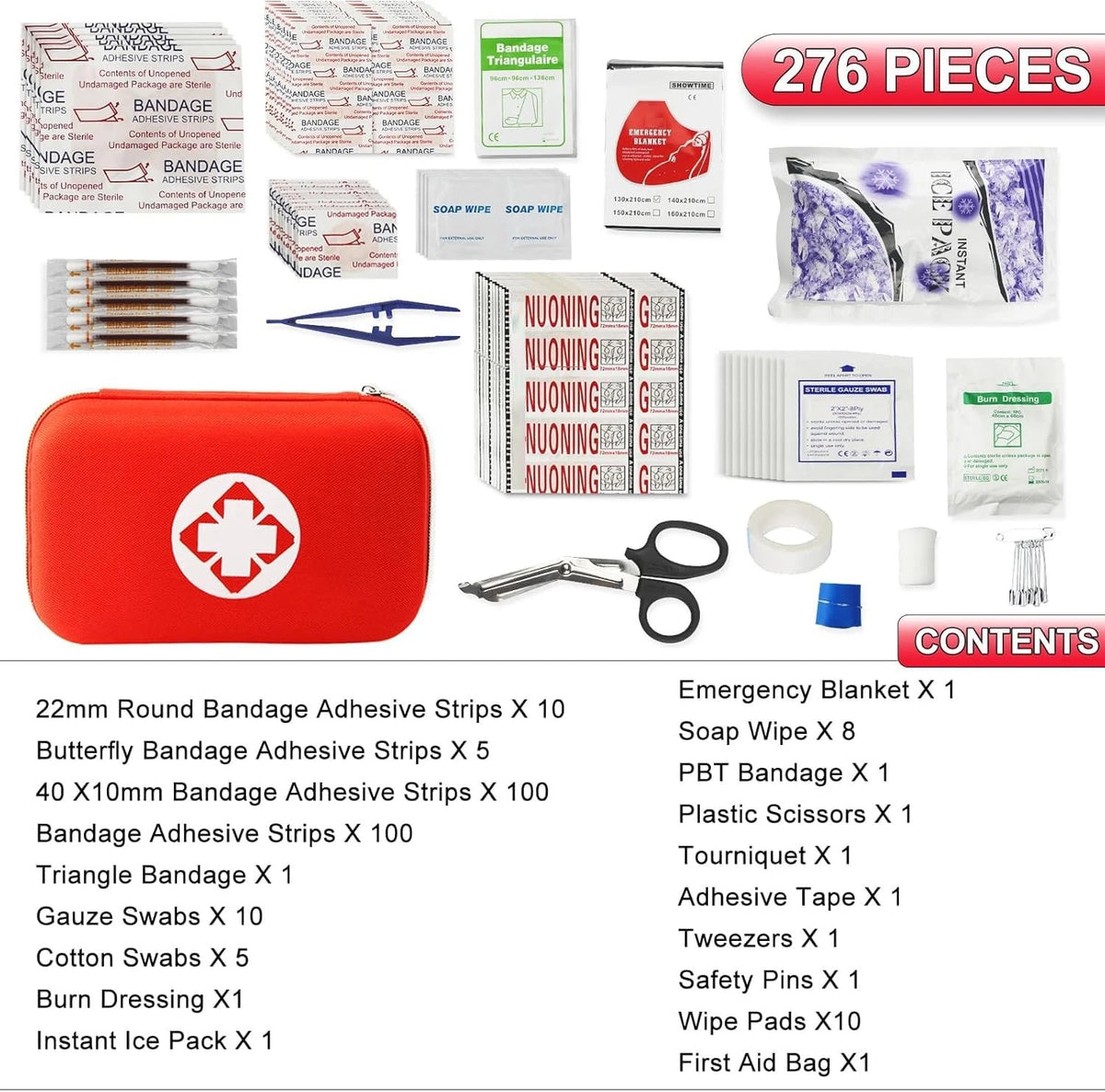 276PCS First Aid Kit Home Car Camping Hiking Emergency Supplies Regular, Red