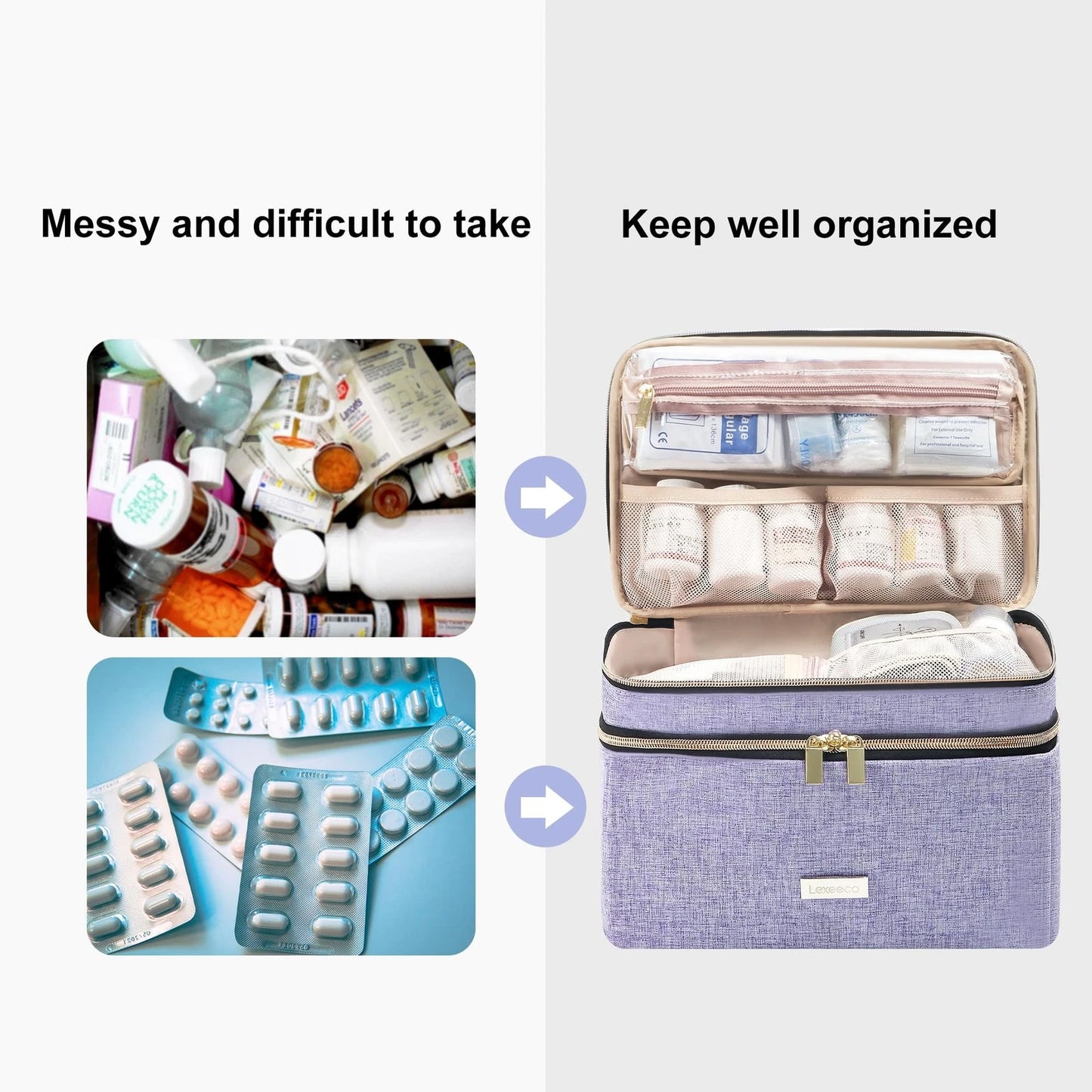 Lexeeco Medicine Storage Bag Pill Bottle Organizer with Small, Purple