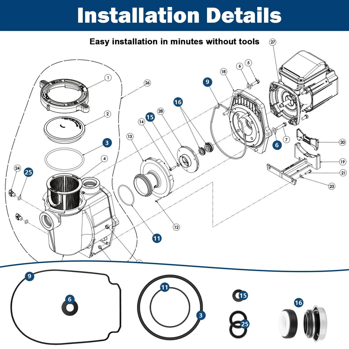 O-Ring Rebuild Repair Kit Fit for Pentair Whisperflo/Intelliflo Pool Black