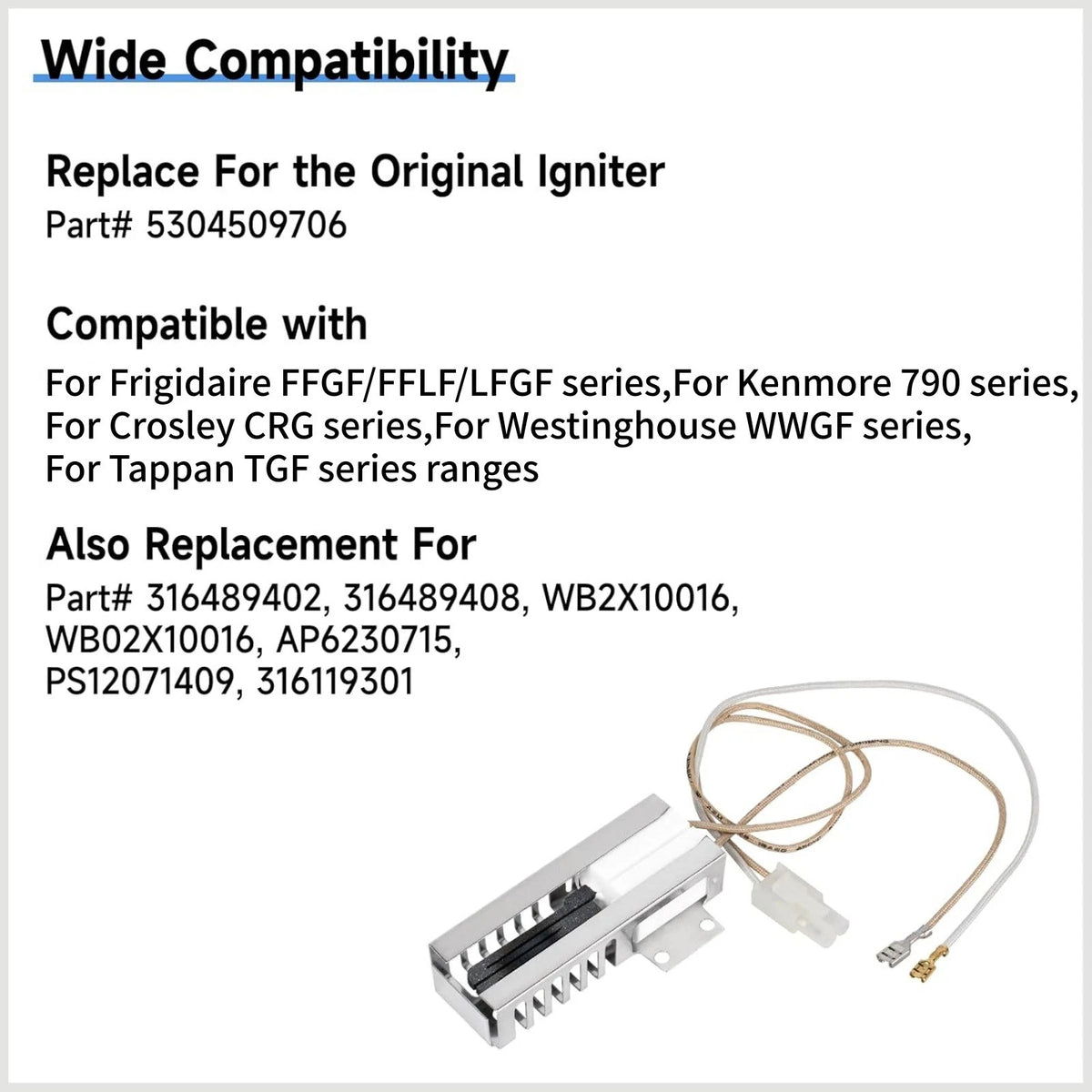 PS12071409 Range Oven Igniter For Frigidaire Kenmore Crosley Gas Stove 120V