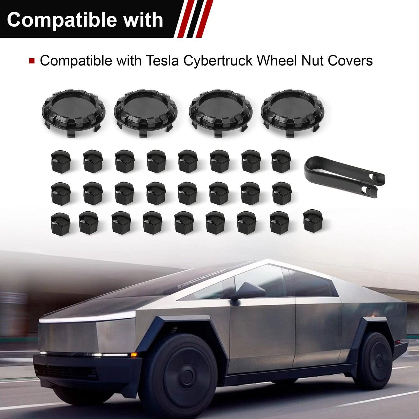 For Tesla Cybertruck Lug Nut Covers & Center Caps (24 Lugs + 4 Caps ) - Glossy