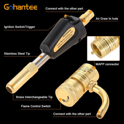 gohantee Propane MAPP Gas Turbo Torch Tips with Self Ignition Trigger Gold
