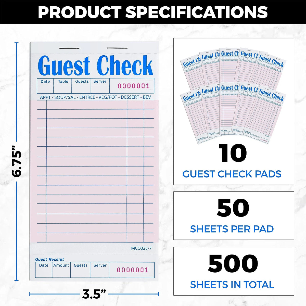 KitchenDine Guest Checks for Restaurants - 10 Pads with 50 6.75 x 3.5, Pink
