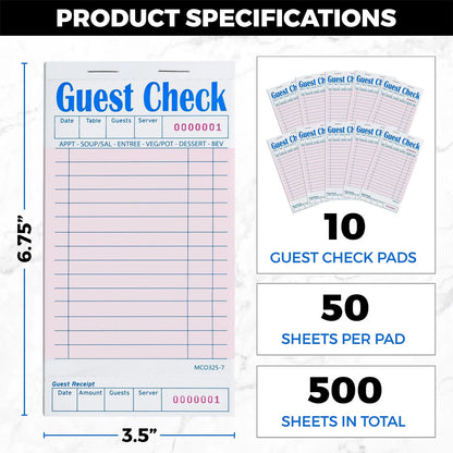 KitchenDine Guest Checks for Restaurants - 10 Pads with 50 6.75 x 3.5, Pink