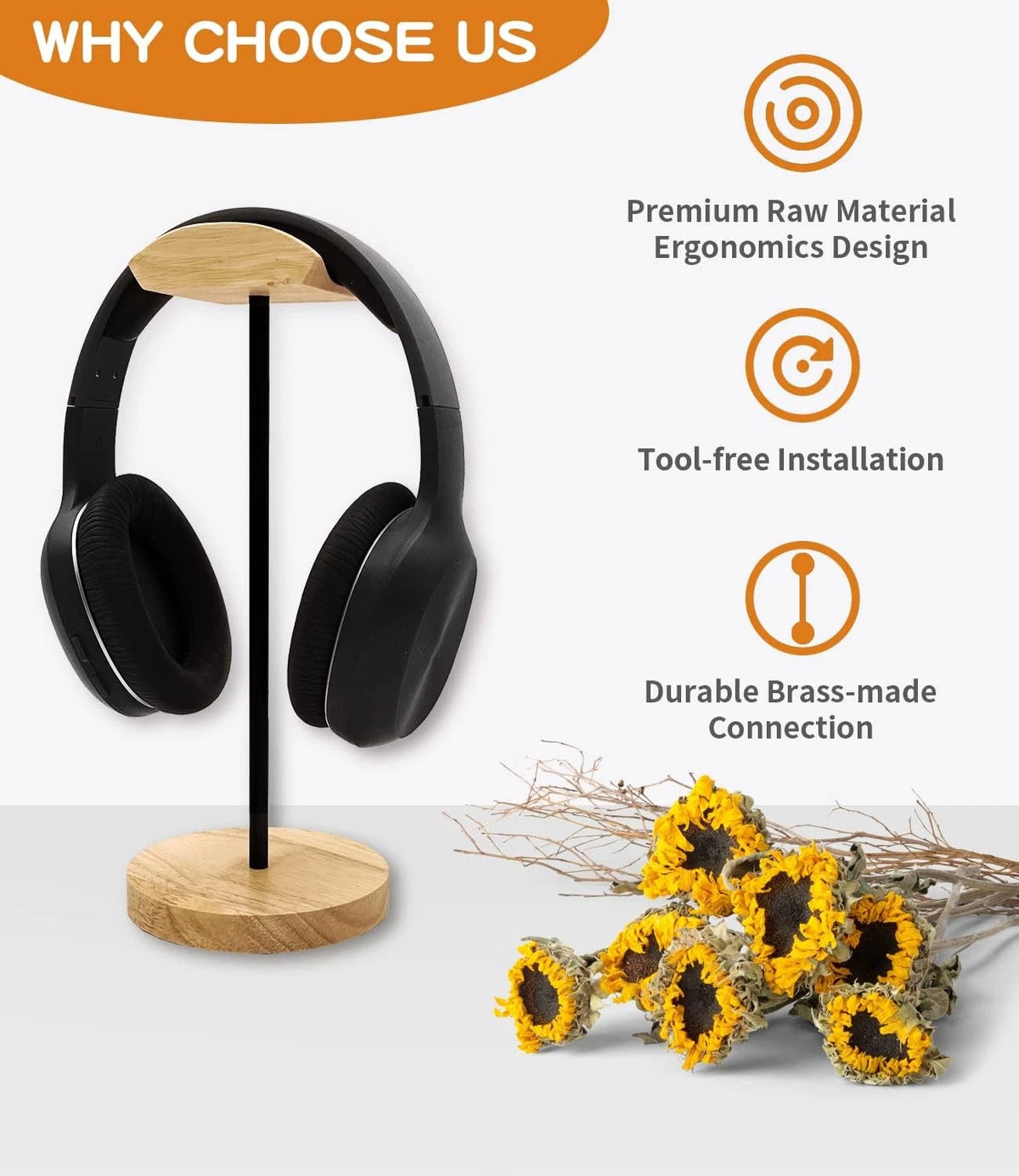 Headphone Stand Nature Wood & Aluminum Headset Hanger Mount Hook Black, Brown