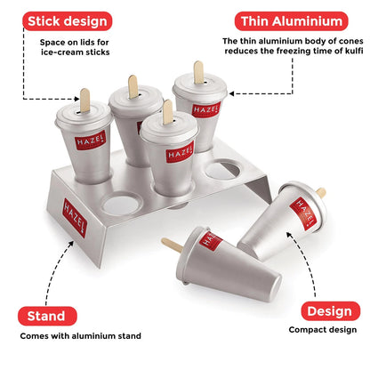 HAZEL Aluminium Kulfi Mould Set of 6 6 pcs Cone With Stand (Hole Lid), Silver