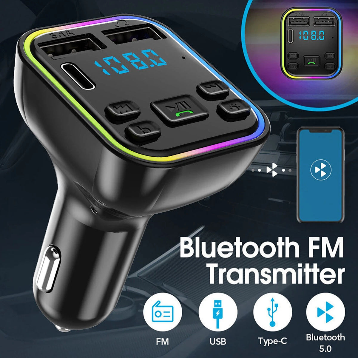 Car FM Transmitter Adapter Radio MP3 Player Type-C Dual USB Fast Charger