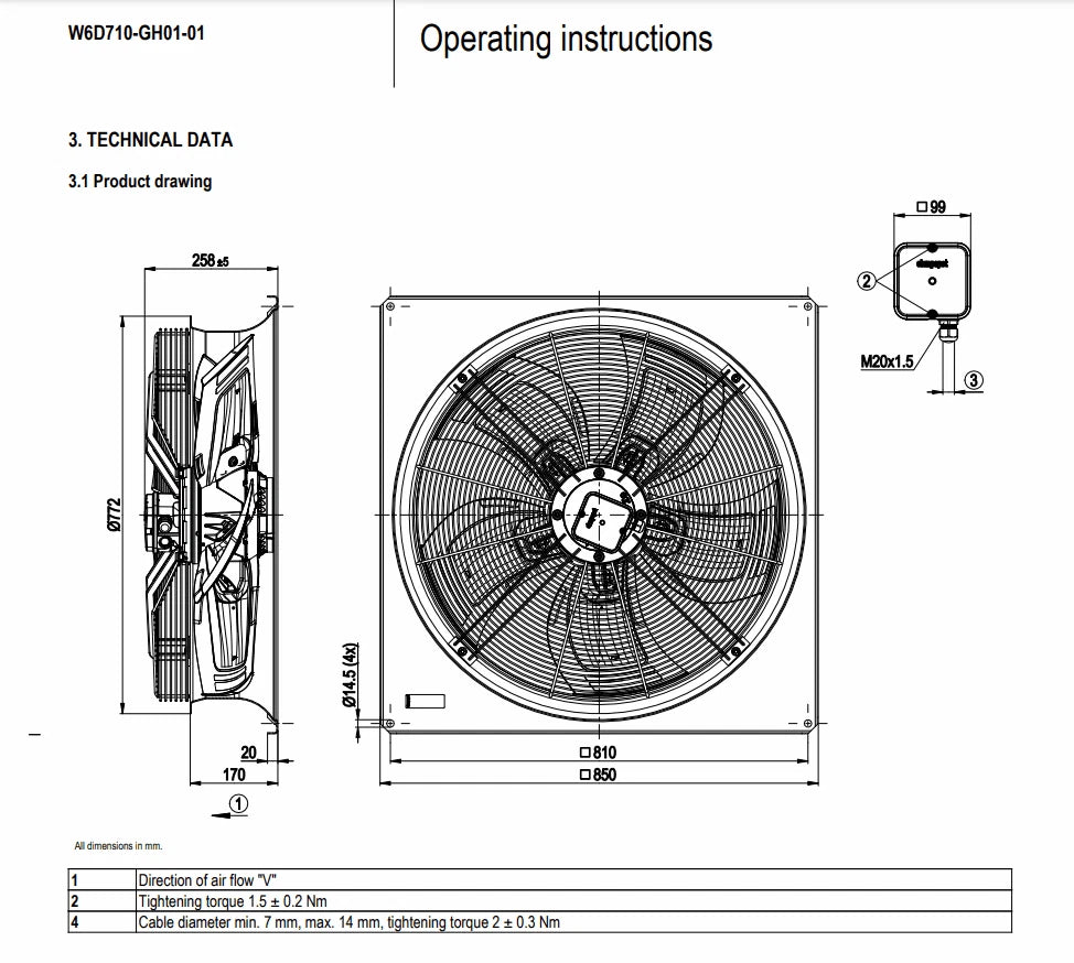 W6D710-GH01-01 IP54 Axial Fan 400VAC 2.35/1.34A 1090/690W Ebmpapst Dry Cooler