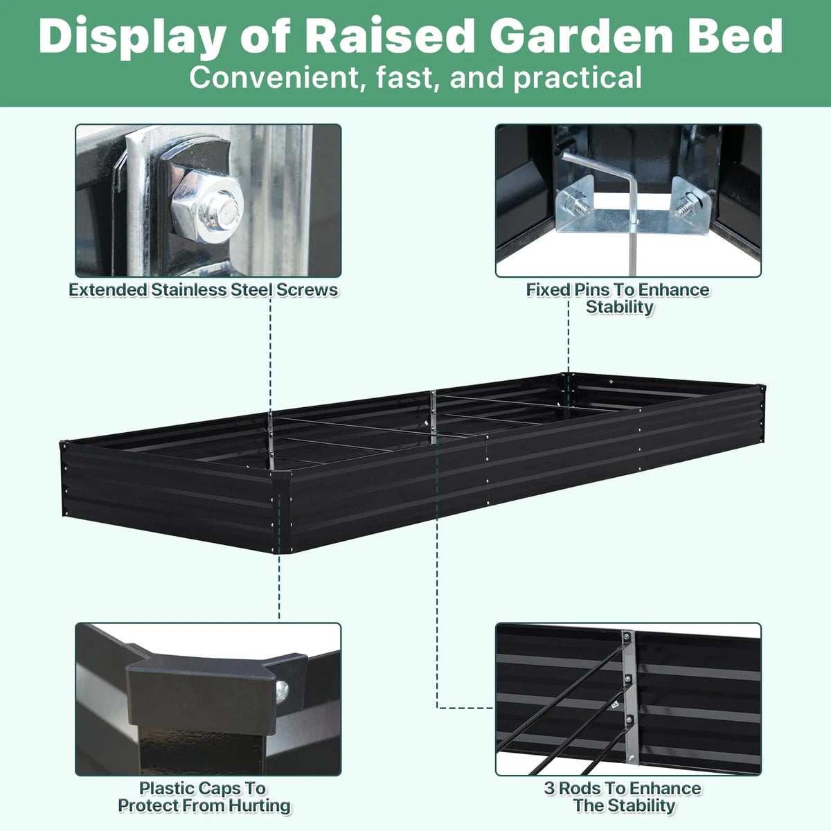SONFILY 12×4×1ft Galvanized Metal Raised Garden Bed, 12x4x1 ft, Black-2