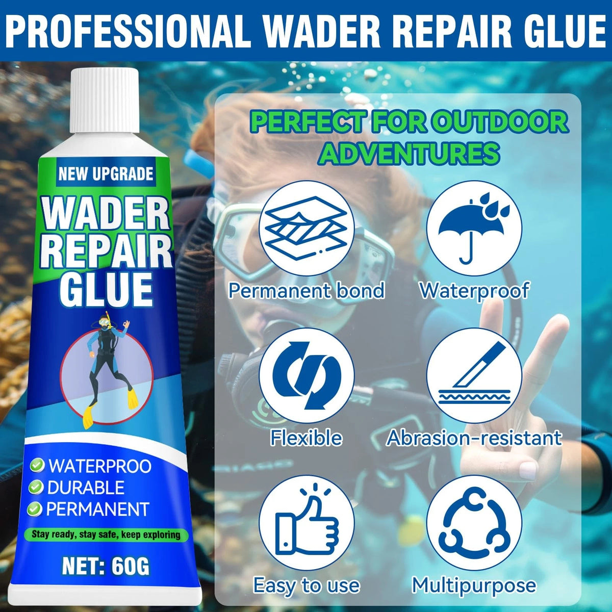 Wader Repair Glue, Flexible Patch Kit, Fast-Drying, Waterproof, Clear