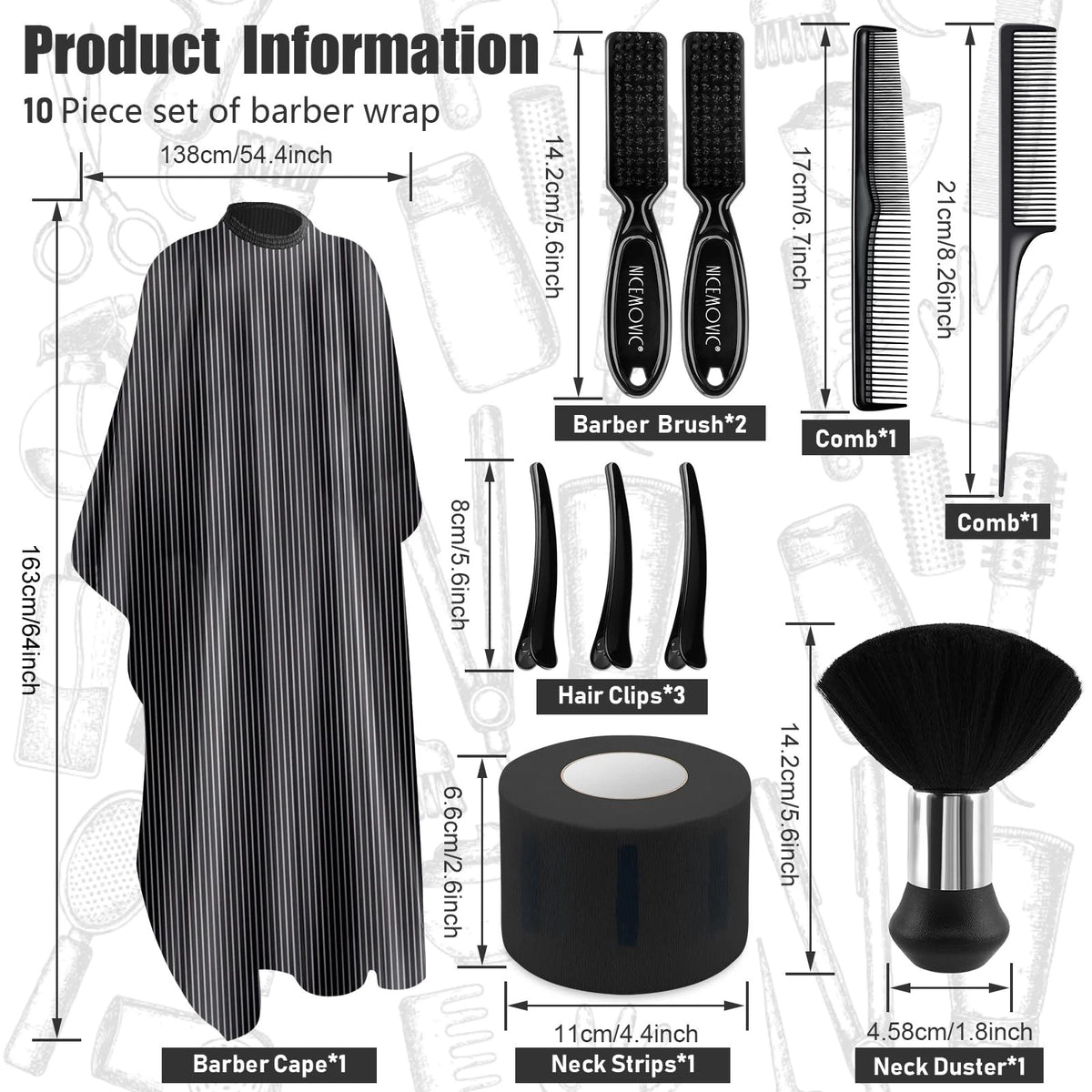 NICEMOVIC 10 in 1 Hair Cutting Barber Cape with Neck Duster Standard, Stripe